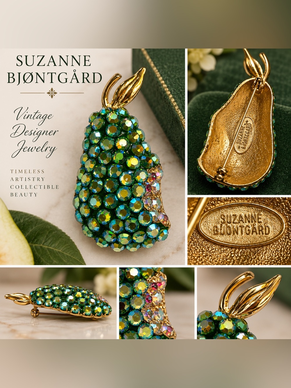 Suzanne Bjontgard Signed Green Crystal Pear Brooch - Gold Tone